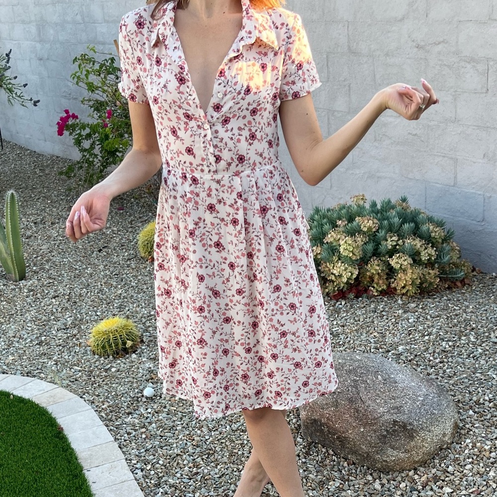 WAYF cream and pink floral shirt sleeve dress with button front sun dress - Picture 10 of 16